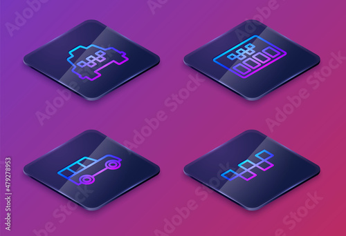 Set Isometric line Taxi car, Car, Taximeter and roof. Blue square button. Vector