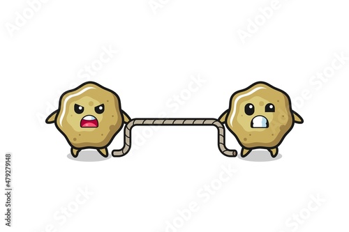 cute loose stools character is playing tug of war game