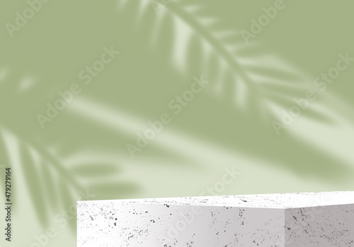 Exhibition cubic podium. 3D render. Display stand for cosmetic products. Green background. Tropical leaf and branch shadow. White Stone pedestal. Showcase in the style of minimalism. Tropical series