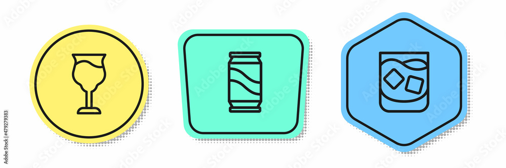 Set line Wine glass, Beer can and Glass of whiskey. Colored shapes. Vector Set line Wine glass, Beer can and Glass of whiskey. Colored shapes. Vector