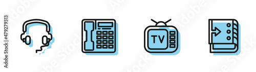 Set line Retro tv, Headphones, Telephone handset and Sound mixer controller icon. Vector
