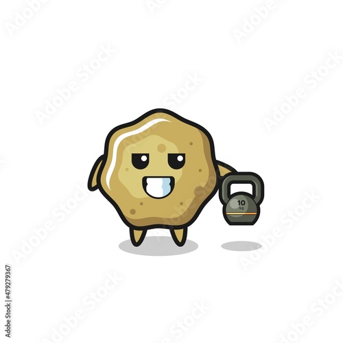 loose stools mascot lifting kettlebell in the gym