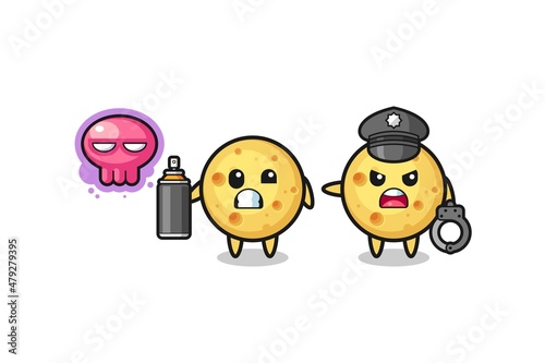 round cheese cartoon doing vandalism and caught by the police