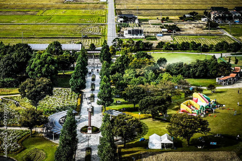 水と緑の館、展望タワーから見える木曽三川と国営木曽三川公園の風景
