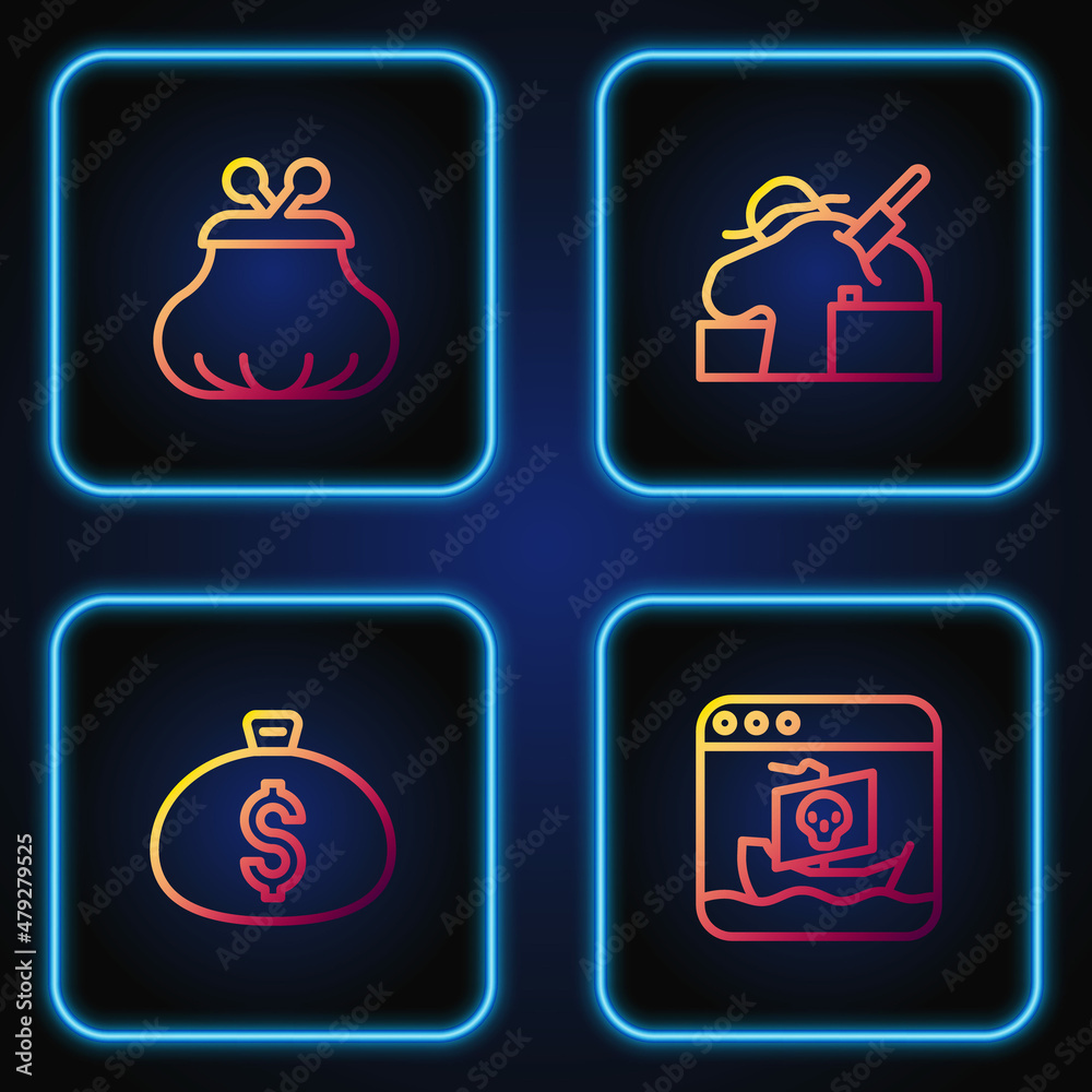 Set line Internet piracy, Money bag, Wallet and Murder. Gradient color icons. Vector Set line Internet piracy, Money bag, Wallet and Murder. Gradient color icons. Vector