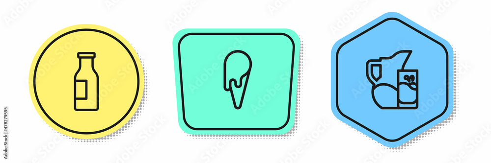 Set line Bottle with milk, Ice cream in waffle cone and Milk jug or pitcher and glass. Colored shapes. Vector Set line Bottle with milk, Ice cream in waffle cone and Milk jug or pitcher and glass. Colored shapes. Vector