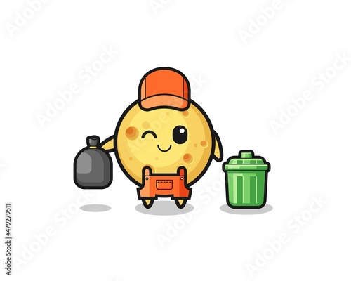 the mascot of cute round cheese as garbage collector