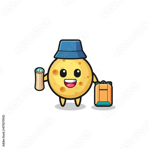 round cheese mascot character as hiker