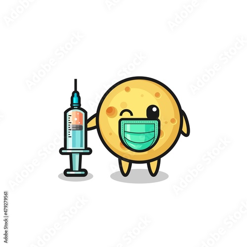 round cheese mascot as vaccinator