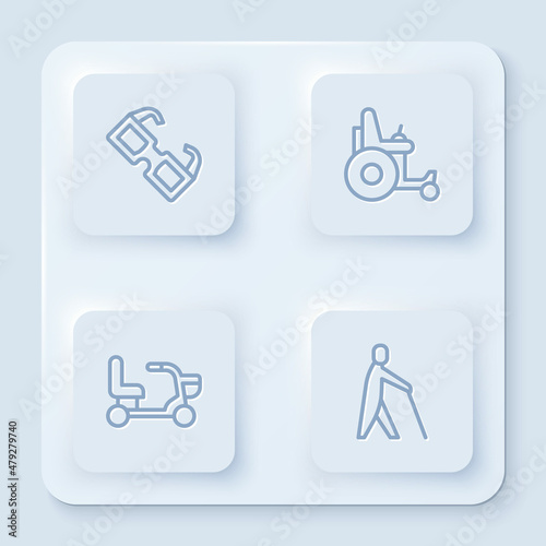 Set line Eyeglasses, Electric wheelchair, and Blind human holding stick. White square button. Vector
