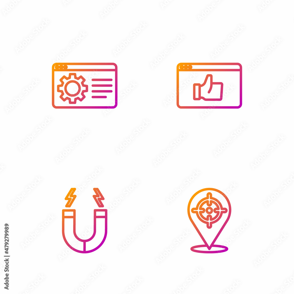 Set line Target, Magnet, Browser setting and Customer product rating. Gradient color icons. Vector Set line Target, Magnet, Browser setting and Customer product rating. Gradient color icons. Vector