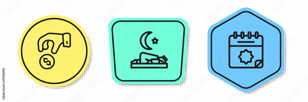 Set line Donate or pay your zakat, Muslim man prays and Ramadan calendar. Colored shapes. Vector Set line Donate or pay your zakat, Muslim man prays and Ramadan calendar. Colored shapes. Vector
