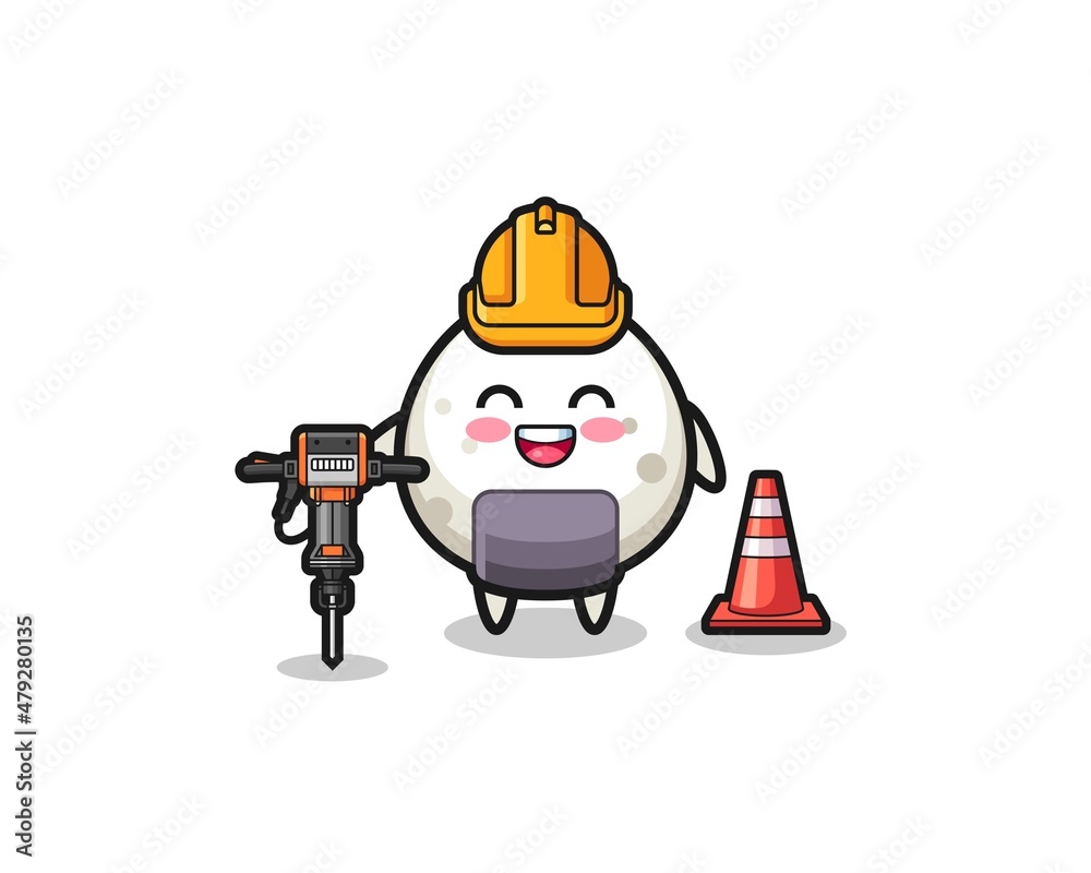 road worker mascot of onigiri holding drill machine road worker mascot of onigiri holding drill machine