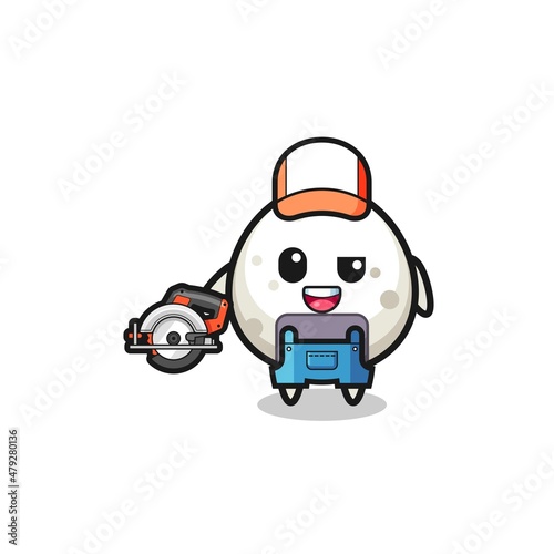 the woodworker onigiri mascot holding a circular saw