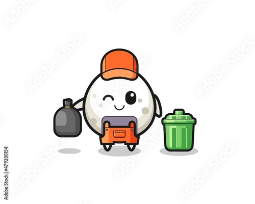 the mascot of cute onigiri as garbage collector