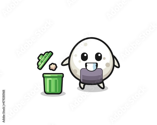 illustration of the onigiri throwing garbage in the trash can