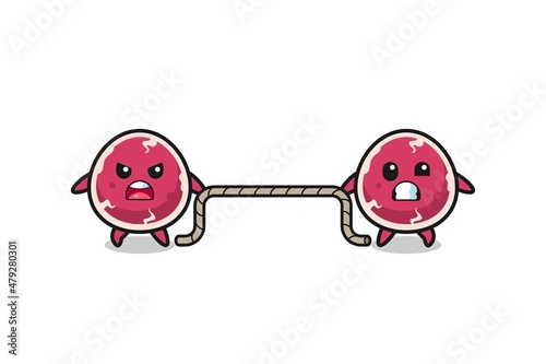 cute beef character is playing tug of war game