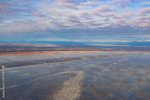 Aerial view of some snowy river landscape at Anchorage