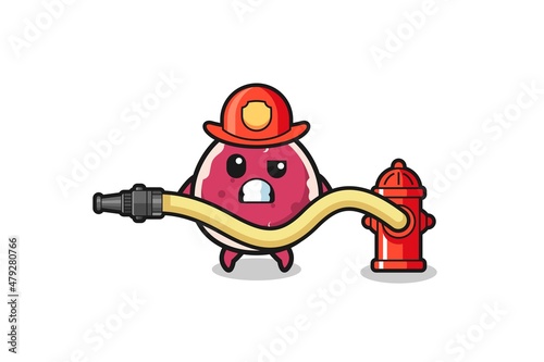 beef cartoon as firefighter mascot with water hose