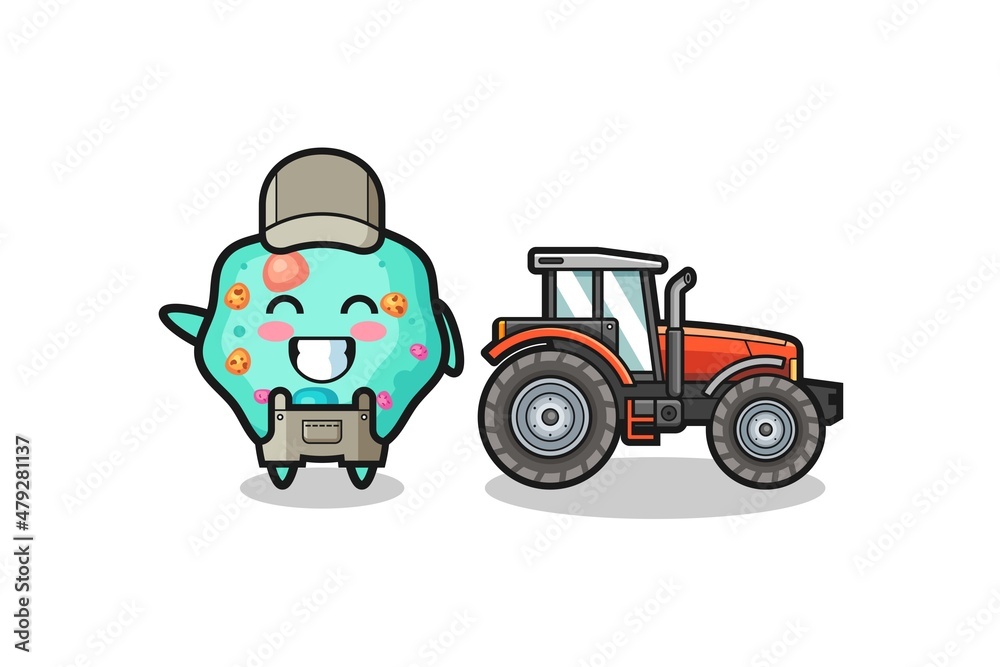 Naklejka premium the amoeba farmer mascot standing beside a tractor