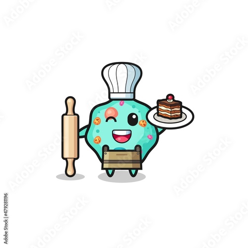 amoeba as pastry chef mascot hold rolling pin