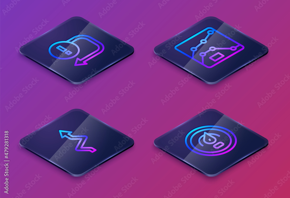 Set Isometric line Arrow, , Graph, chart, diagram and Digital speed meter. Blue square button. Vector Set Isometric line Arrow, , Graph, chart, diagram and Digital speed meter. Blue square button. Vector