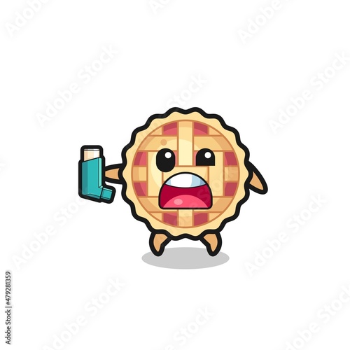 apple pie mascot having asthma while holding the inhaler