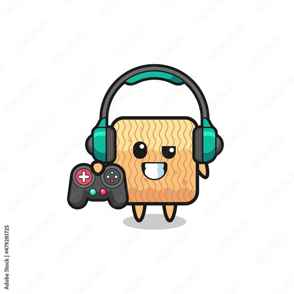 raw instant noodle gamer mascot holding a game controller