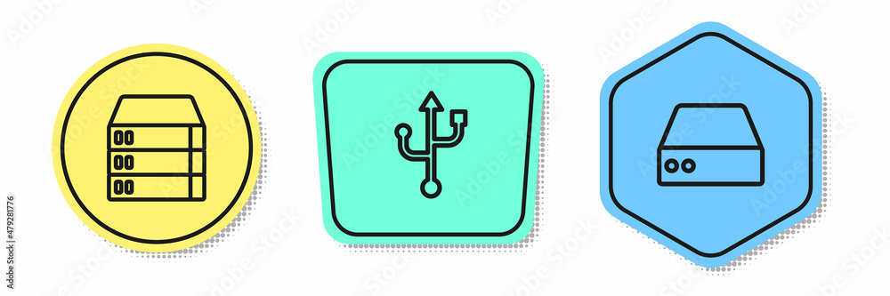 Set line Server, Data, Web Hosting, USB and . Colored shapes. Vector