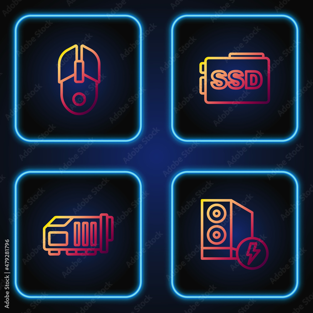 Set line Case of computer, Video graphic card, Computer mouse and SSD. Gradient color icons. Vector Set line Case of computer, Video graphic card, Computer mouse and SSD. Gradient color icons. Vector