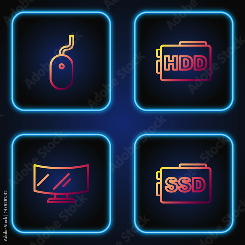 Set line SSD card, Computer monitor screen, mouse and Hard disk drive HDD. Gradient color icons. Vector