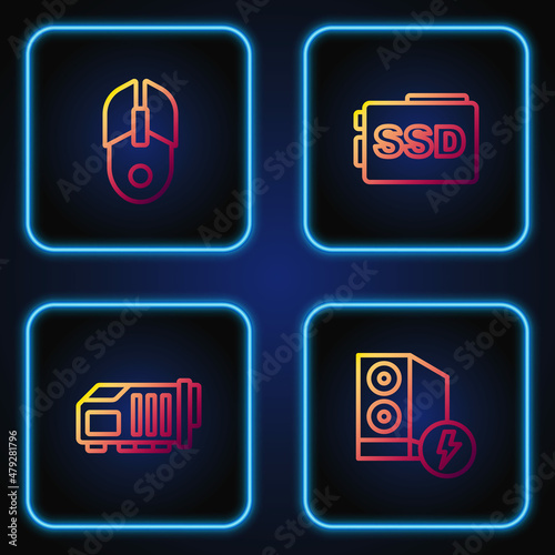 Set line Case of computer, Video graphic card, Computer mouse and SSD. Gradient color icons. Vector