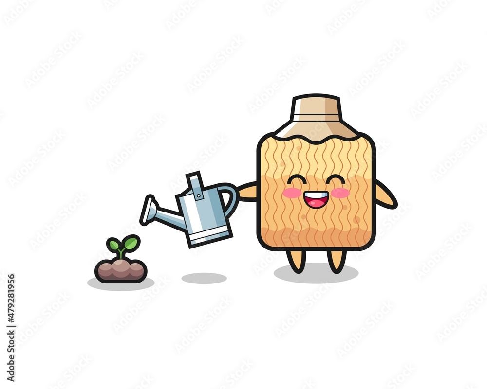 cute raw instant noodle is watering plant seeds cute raw instant noodle is watering plant seeds