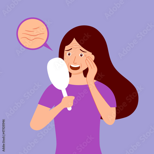 Woman look in the mirror and worry about wrinkles on her face in flat design. Aging skin problem.