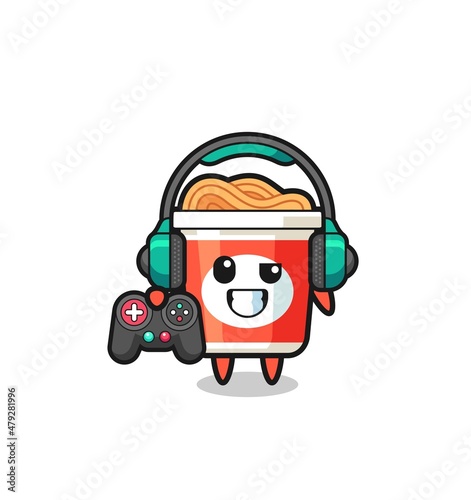 instant noodle gamer mascot holding a game controller