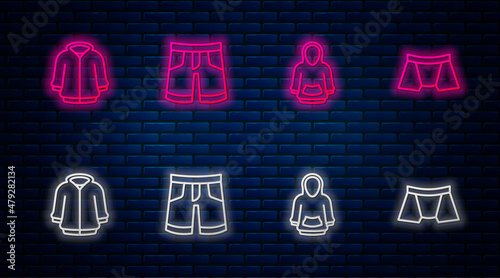 Set line Short or pants, Hoodie, and Men underpants. Glowing neon icon on brick wall. Vector