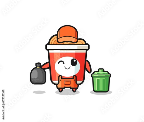 the mascot of cute instant noodle as garbage collector