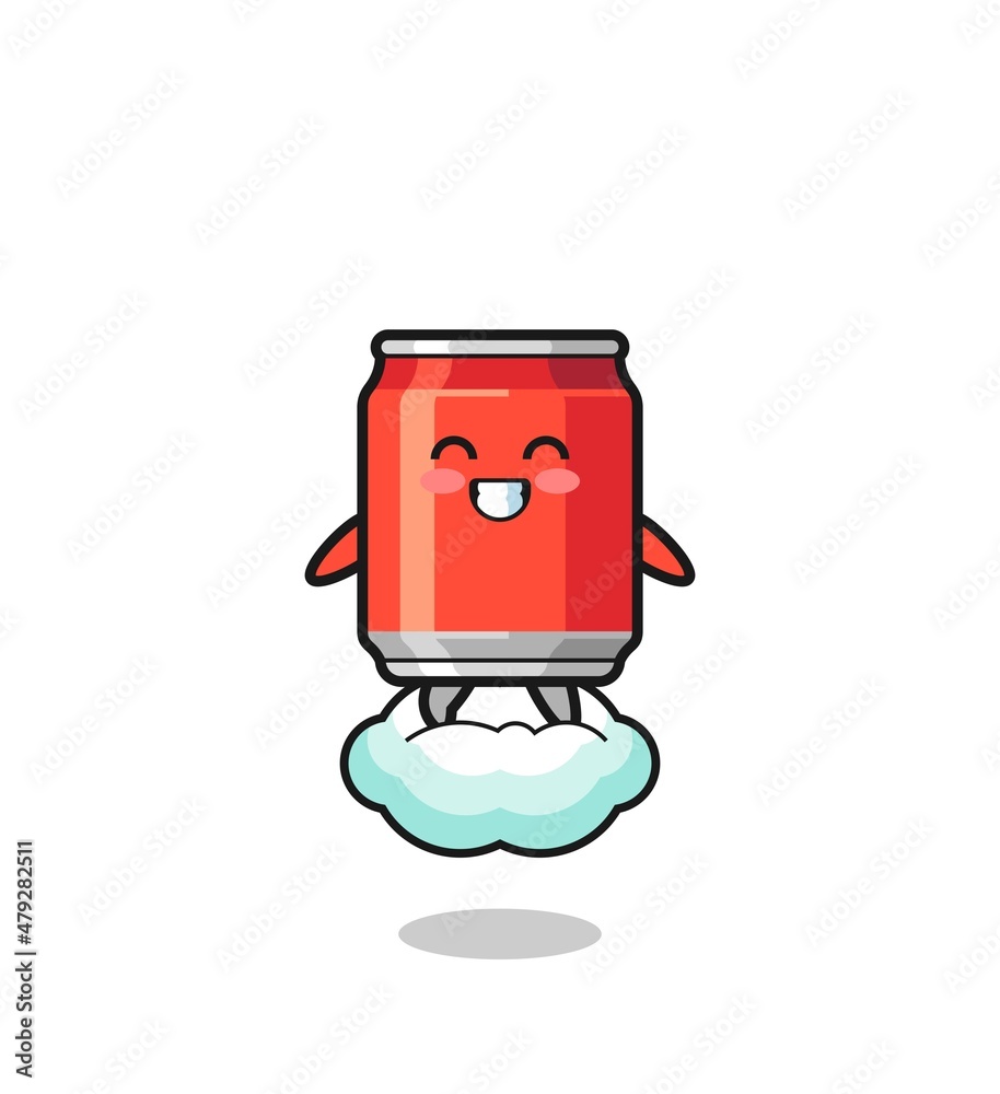 cute drink can illustration riding a floating cloud