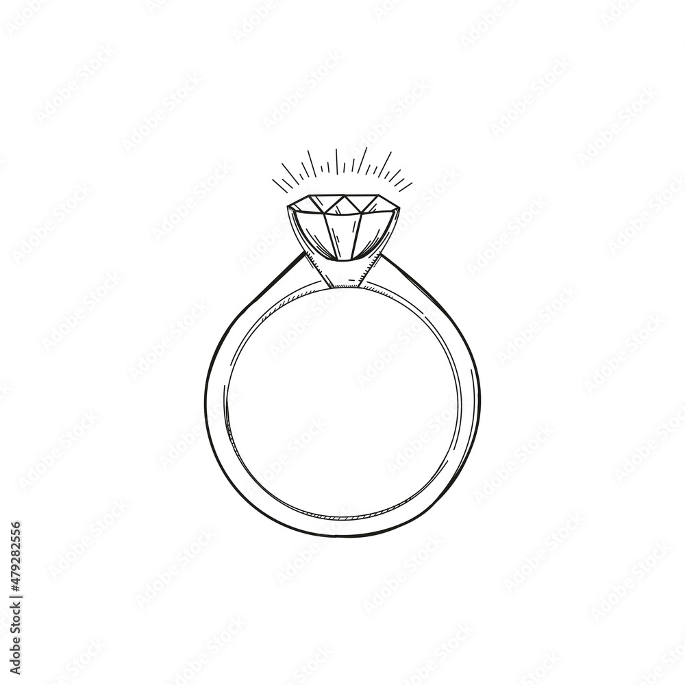 hoofdzakelijk Premisse fort Stockvector Wedding ring vector draw with diamond in doodle style isolated  on white background. Hand drawn sketch of engagement jewelry with diamond  illustration for wedding invitation, postcard, wedding party. | Adobe Stock