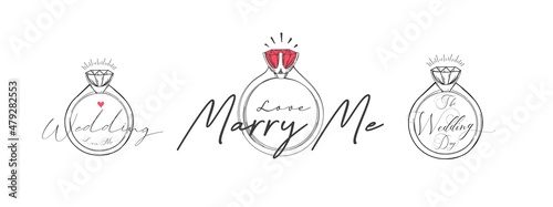 Collection of Wedding ring vector draw with diamond in doodle style isolated on white background with text marry me.