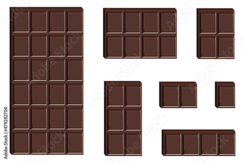 Vector set of dark chocolate bars with pieces of different sizes isolated on white background.
