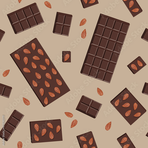 Vector seamless pattern of dark chocolate bar with almonds and pieces isolated on beige background.
