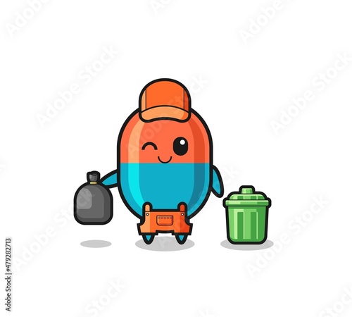 the mascot of cute capsule as garbage collector