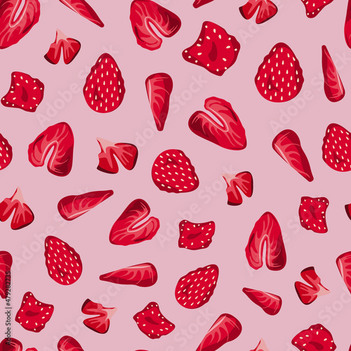 Dried strawberries vector seamless pattern isolated on pink background.
