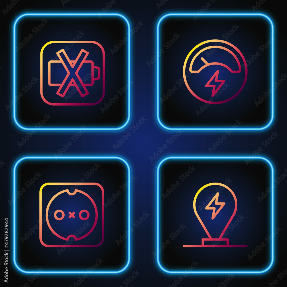 Set line Charging parking electric car, Electrical outlet, Low battery and Voltmeter. Gradient color icons. Vector Set line Charging parking electric car, Electrical outlet, Low battery and Voltmeter. Gradient color icons. Vector
