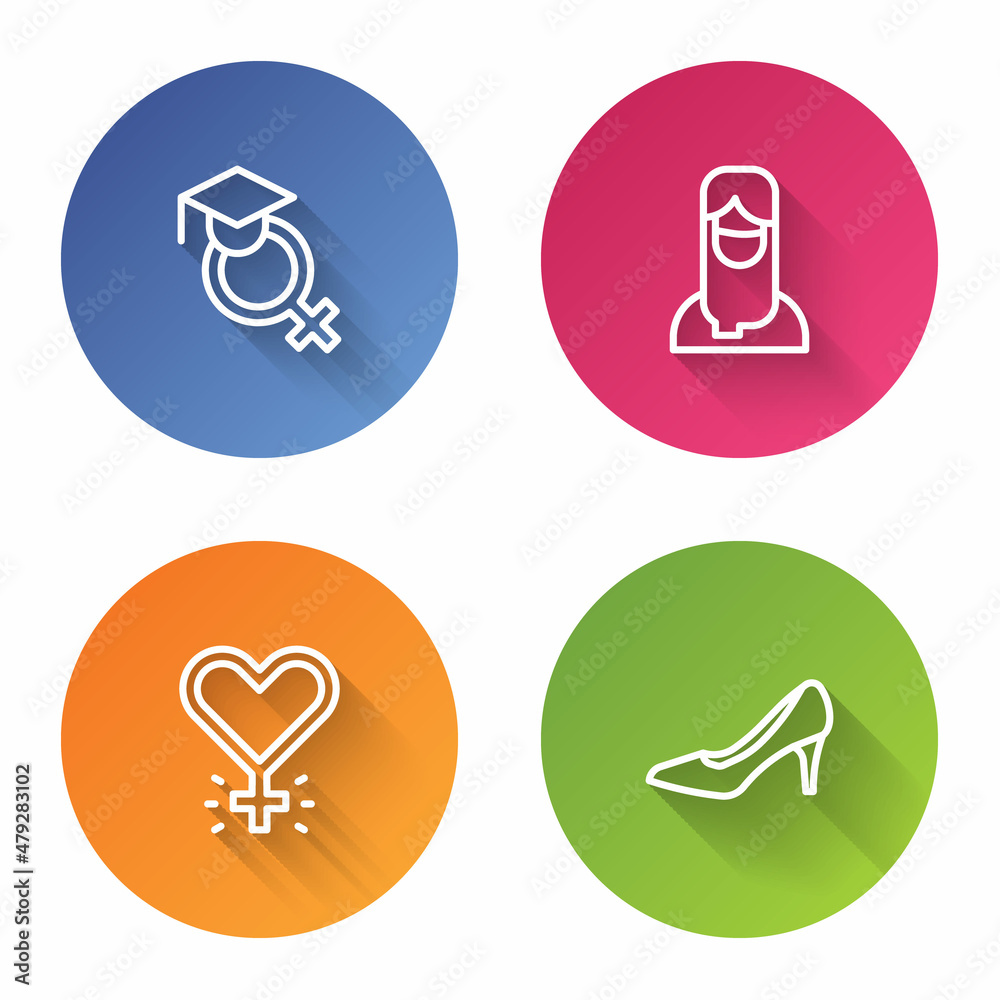 Set line Teacher, Muslim woman in hijab, Feminism and Woman shoe. Color circle button. Vector Set line Teacher, Muslim woman in hijab, Feminism and Woman shoe. Color circle button. Vector