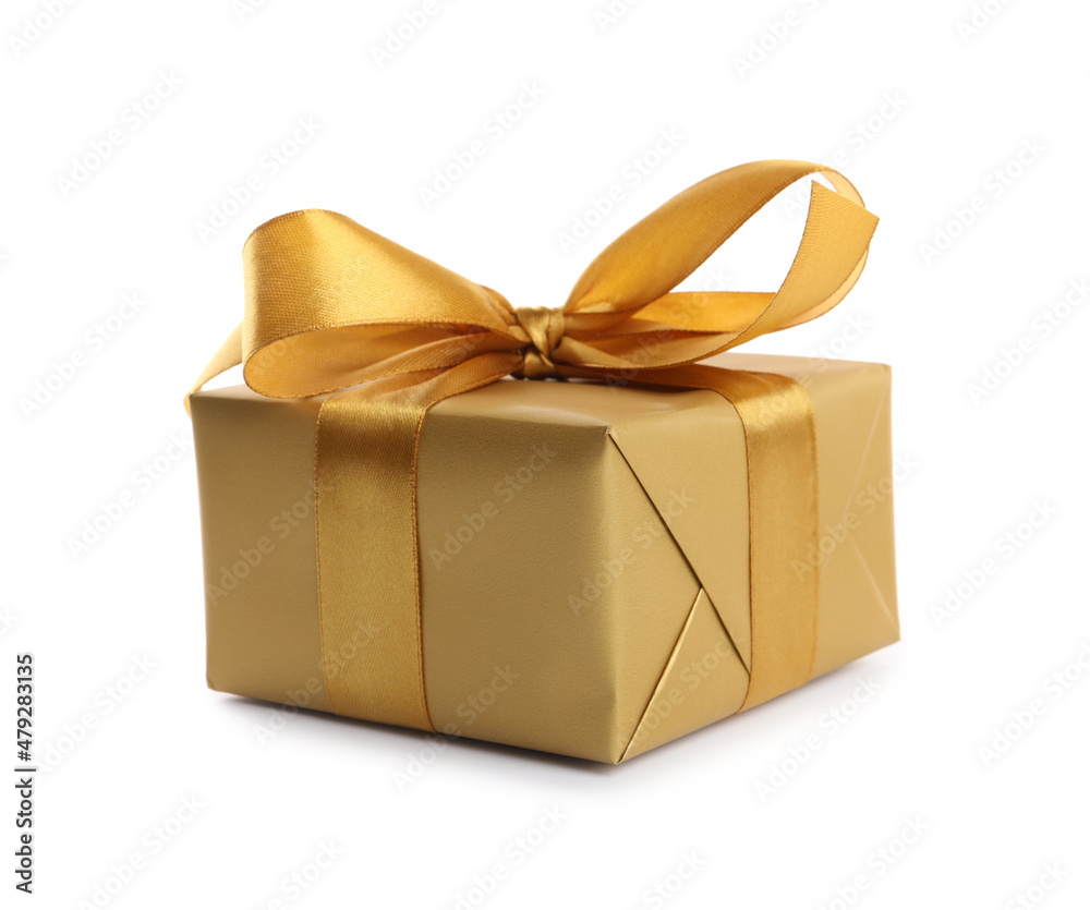 Beautiful gift box with golden ribbon and bow on white background Beautiful gift box with golden ribbon and bow on white background