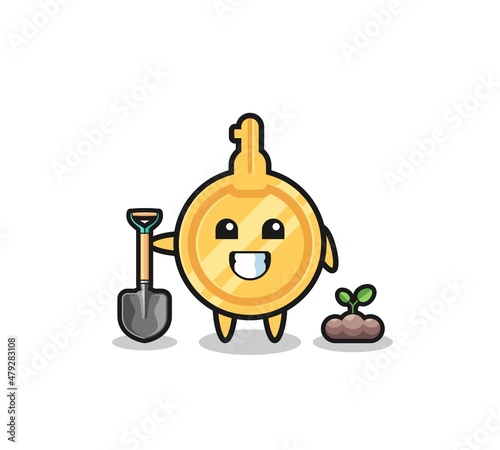 cute key cartoon is planting a tree seed