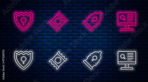 Set line Condom in package, Gender shield, Female and Dating app. Glowing neon icon on brick wall. Vector