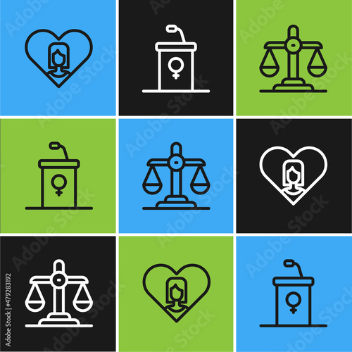 Set line Heart with female, Gender equality and Debate podium rostrum icon. Vector